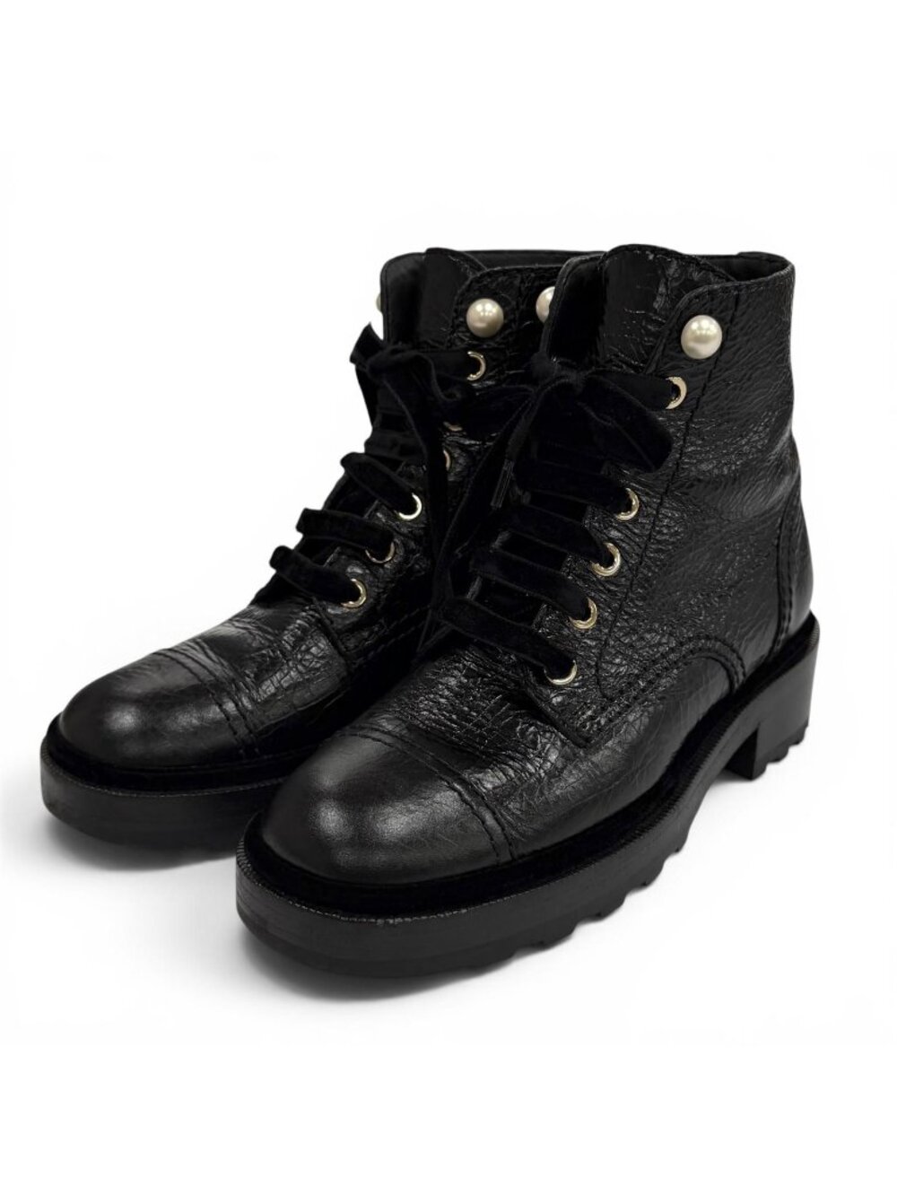 Chanel Faux Pearl with CC Logo Lace-up Leather Engineer Boots Black